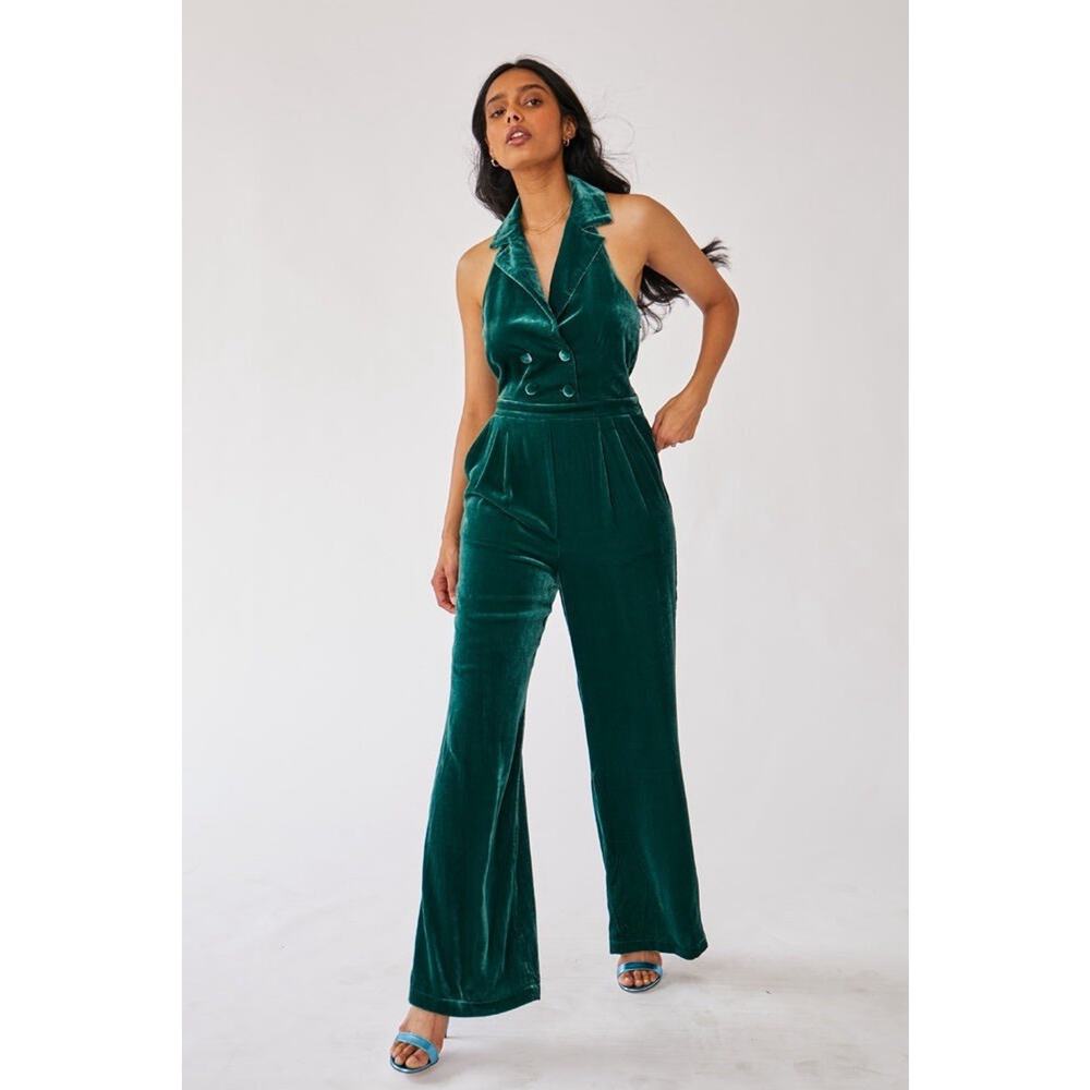 Rachel Antonoff Halter Wide Leg Jumpsuit Green Velvet Size 12